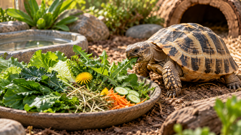 Healthy pet tortoise eating fresh leafy greens, edible weeds and grasses in a clean natural-style habitat.