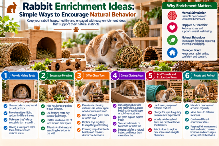 Pet rabbit exploring a safe indoor enrichment area with tunnels, digging box, hay, chew toys and hiding spaces that encourage natural rabbit behavior.