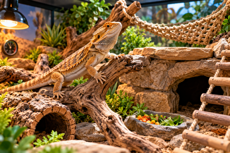 Bearded dragon exploring a secure terrarium with low climbing branches, stable rocks, basking platforms and safe enrichment designed for natural movement and exercise.