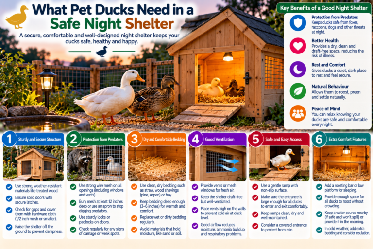 Pet ducks resting inside a secure weatherproof night shelter with dry bedding, ventilation, predator-proof doors and easy access to clean water, illustrating safe overnight housing for ducks.
