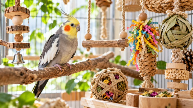 Healthy cockatiel surrounded by natural wooden perches, woven foraging toys and safe enrichment inside a bright bird enclosure.