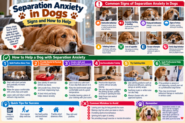 Anxious dog waiting near the front door after its owner leaves, with a bed and enrichment toy nearby, illustrating signs of canine separation anxiety and supportive ways to help.