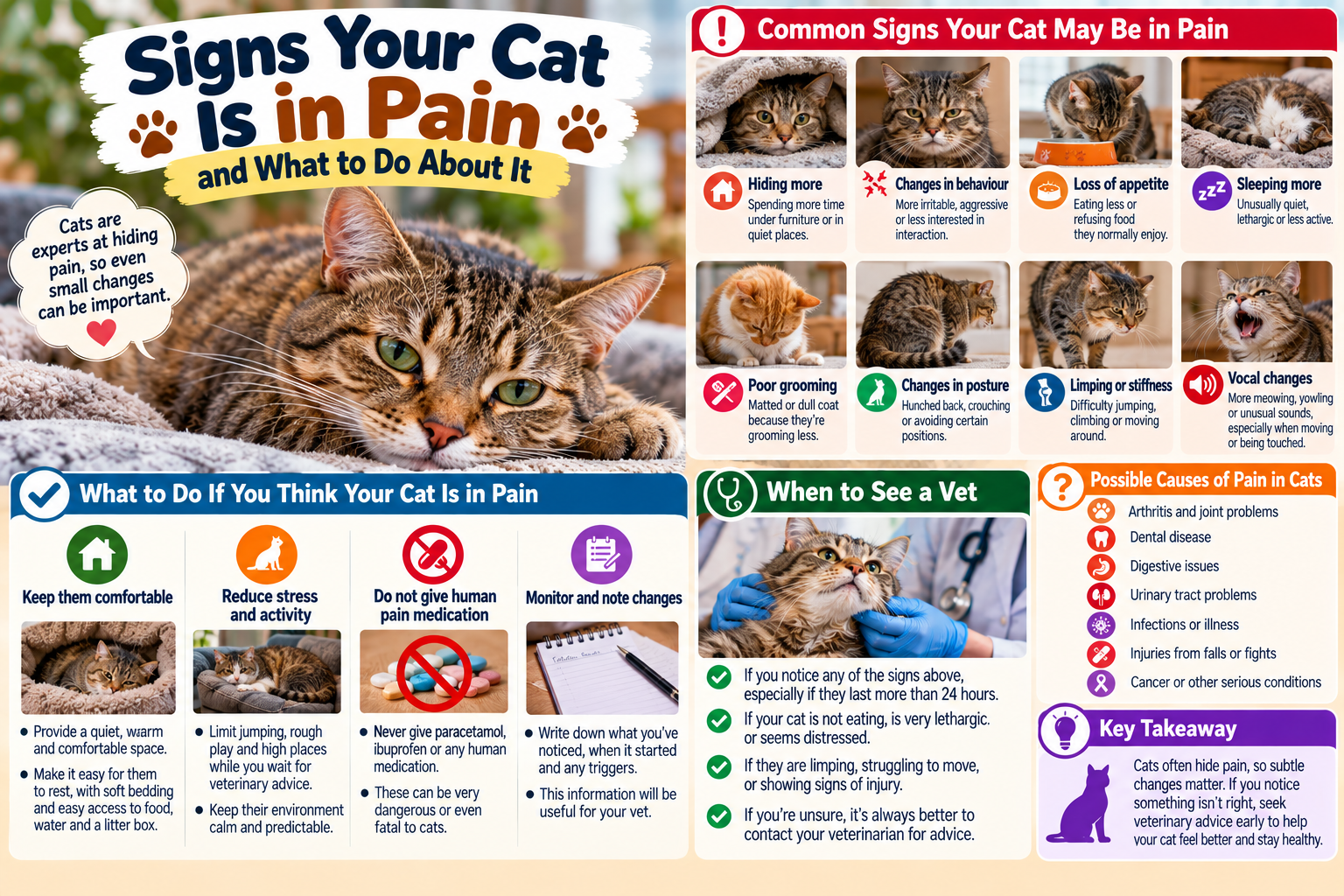 Cat showing subtle signs of discomfort while resting at home, with its owner observing closely and a pet carrier nearby for veterinary care.