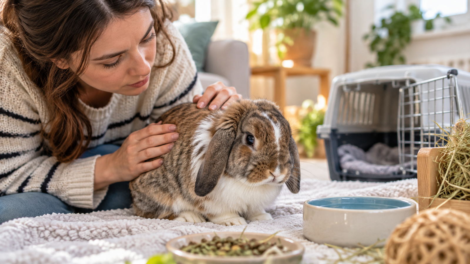 Concerned owner checking a quiet pet rabbit beside food, water and a carrier, illustrating signs of illness and when a rabbit may need emergency veterinary care.