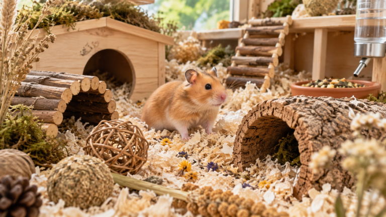 Syrian hamster in a clean natural-style enclosure