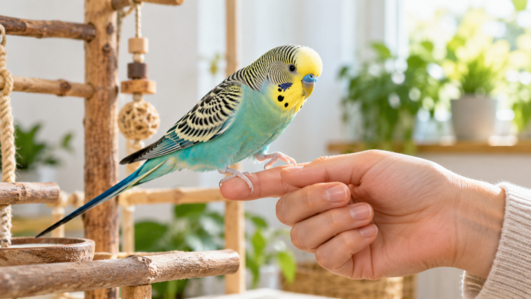 Pet budgie stepping onto a person’s finger during gentle training in a bright indoor bird-friendly environment.