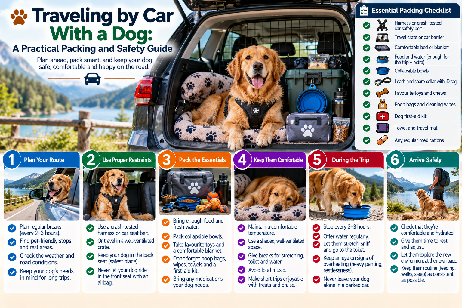 Dog secured safely in the back seat with a crash-tested harness beside a travel bag, water, leash, blanket and other road-trip essentials for car travel.