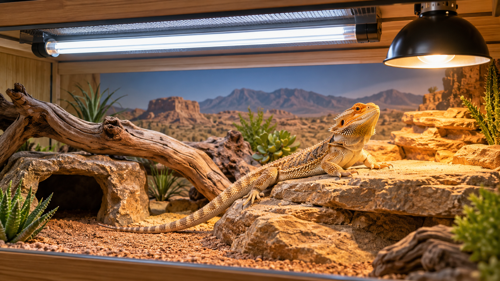 Bearded dragon basking beneath a UVB tube light and heat lamp in a properly arranged reptile terrarium.