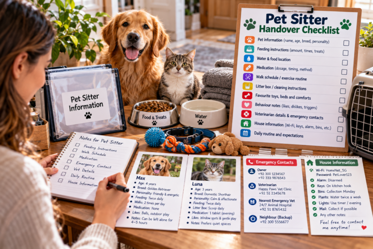 Pet owner preparing a clear handover for a sitter with feeding instructions, medication notes, emergency contacts, keys and pet supplies arranged beside a dog and cat.