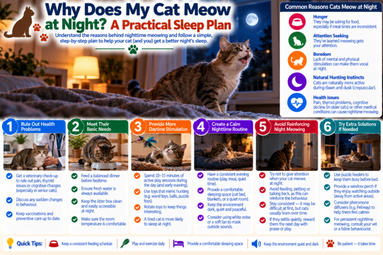 Cat awake and meowing beside a bedroom door at night while a calm sleep routine is shown with evening play, feeding and a comfortable sleeping area.