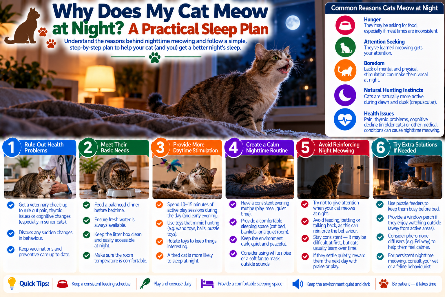Cat awake and meowing beside a bedroom door at night while a calm sleep routine is shown with evening play, feeding and a comfortable sleeping area.