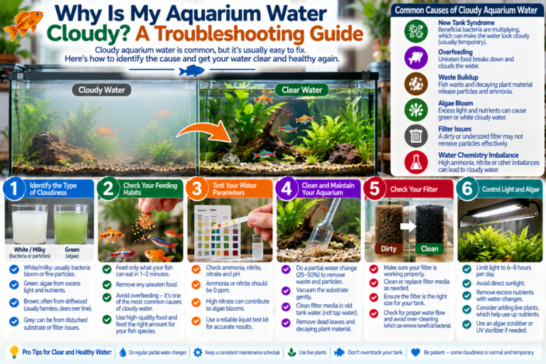Freshwater aquarium with visibly cloudy water beside a clear reference tank, filter media, test kit and gravel siphon, illustrating common causes and troubleshooting steps for cloudy aquarium water.