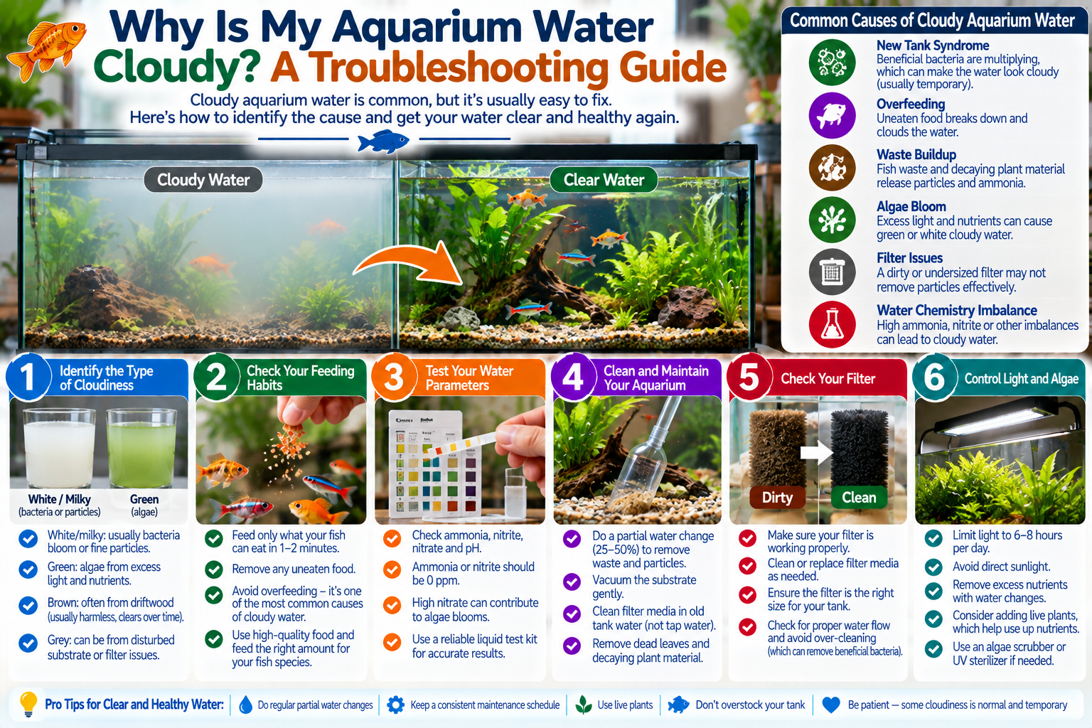 Freshwater aquarium with visibly cloudy water beside a clear reference tank, filter media, test kit and gravel siphon, illustrating common causes and troubleshooting steps for cloudy aquarium water.