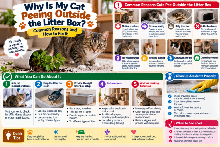 Domestic cat standing near a clean litter box with a small urine spot outside the box, illustrating common litter box problems and possible causes of inappropriate urination.