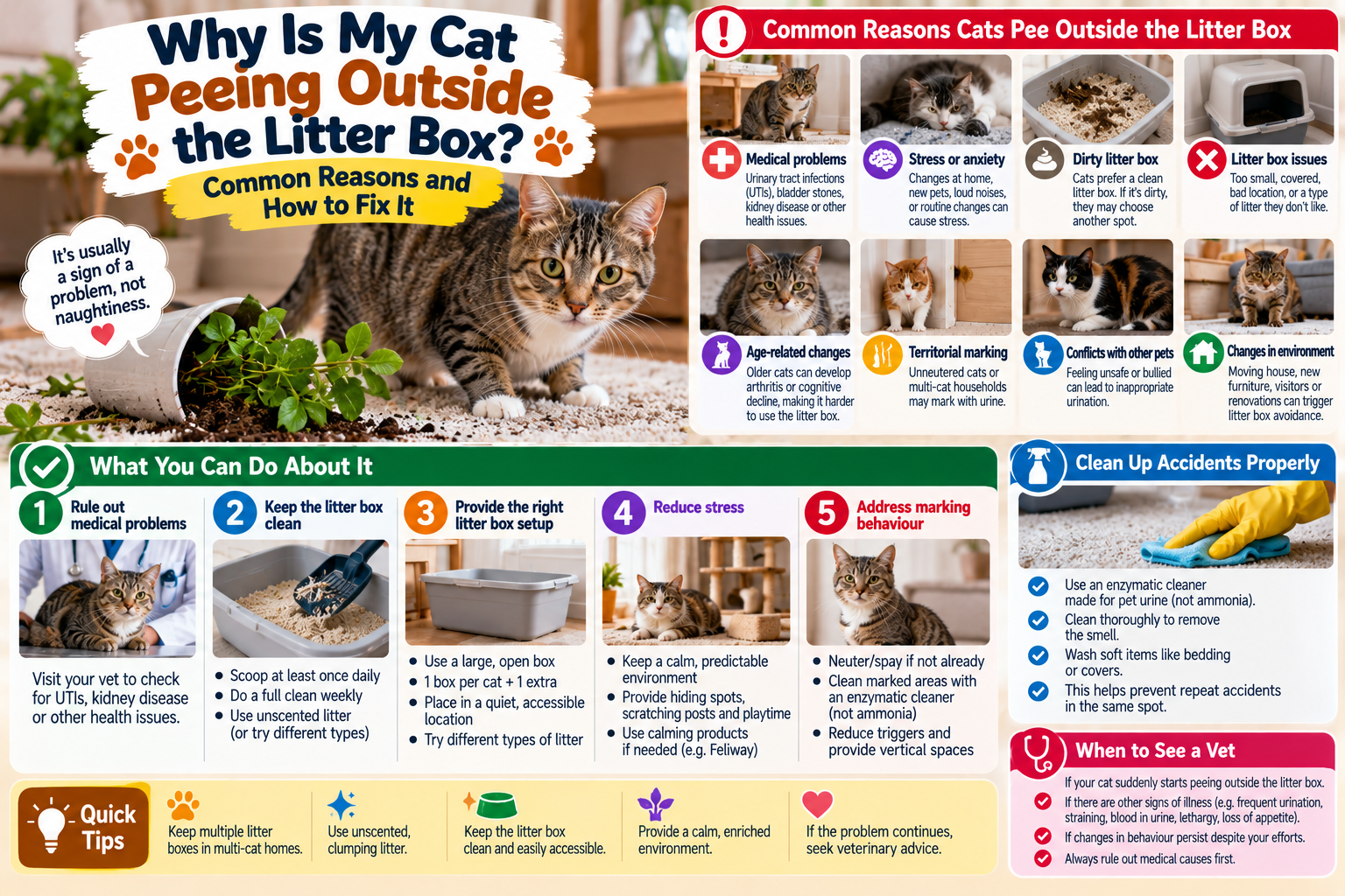Domestic cat standing near a clean litter box with a small urine spot outside the box, illustrating common litter box problems and possible causes of inappropriate urination.