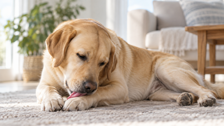 Labrador Retriever licking its front paw at home