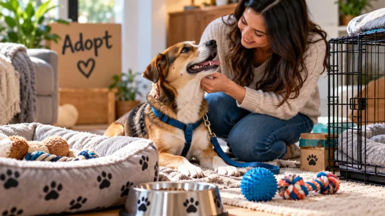Woman sitting on the floor greeting a newly adopted rescue dog beside its bed and crate