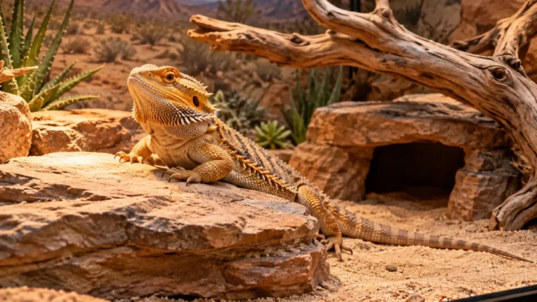 Bearded dragon in a properly arranged desert-style terrarium