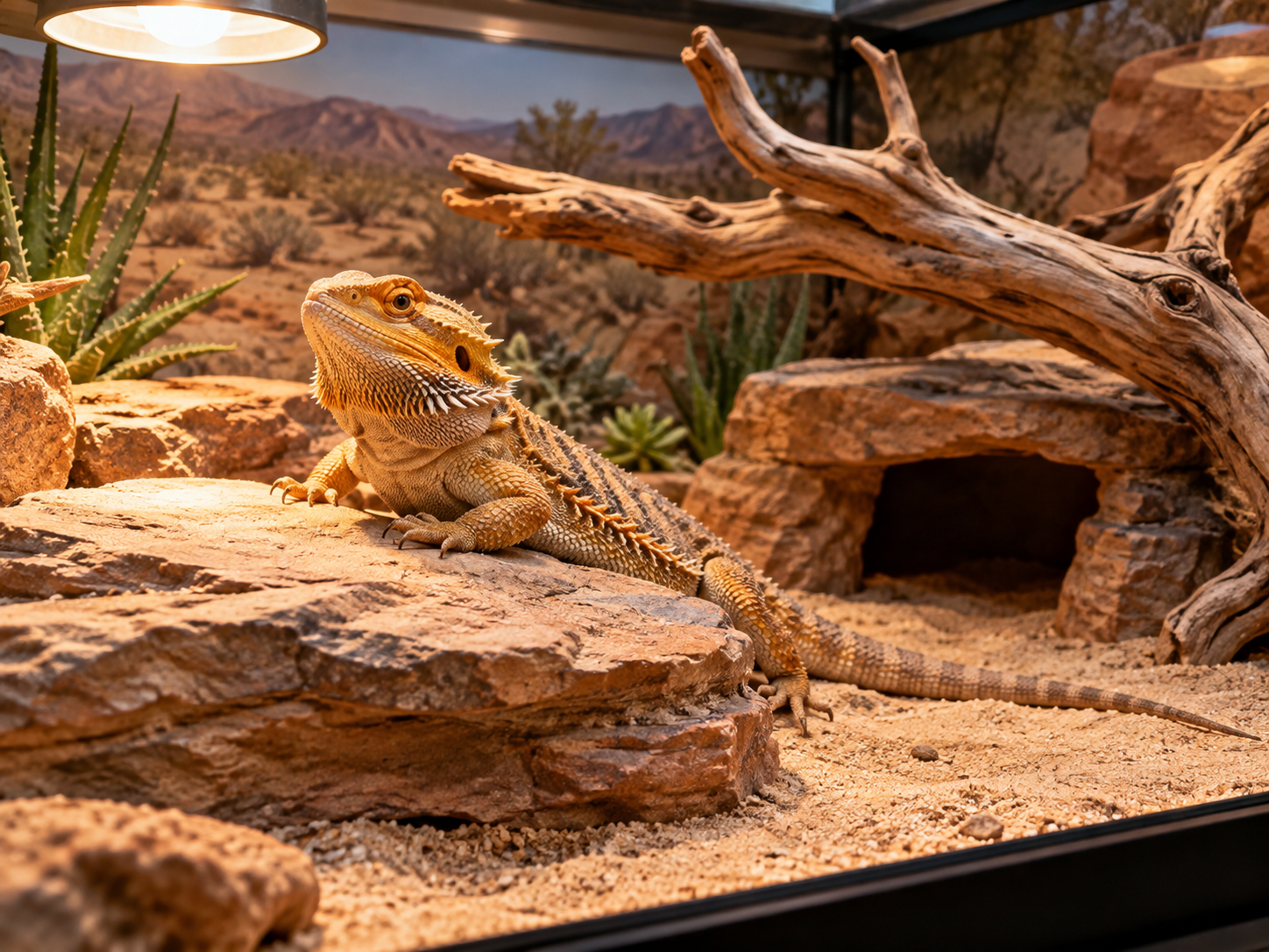 Bearded dragon in a properly arranged desert-style terrarium