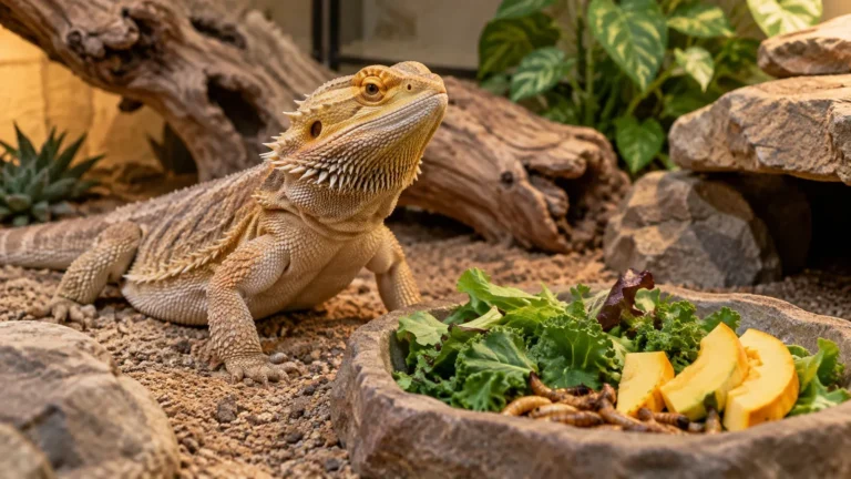 Healthy bearded dragon beside fresh greens and feeder insects