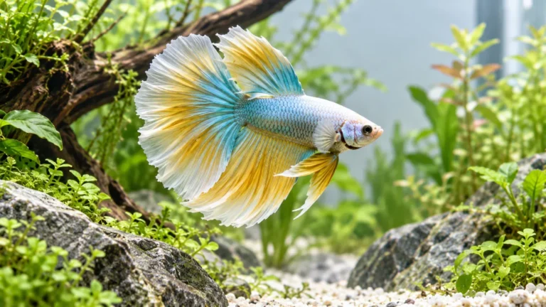 Healthy betta fish swimming in a clean planted aquarium