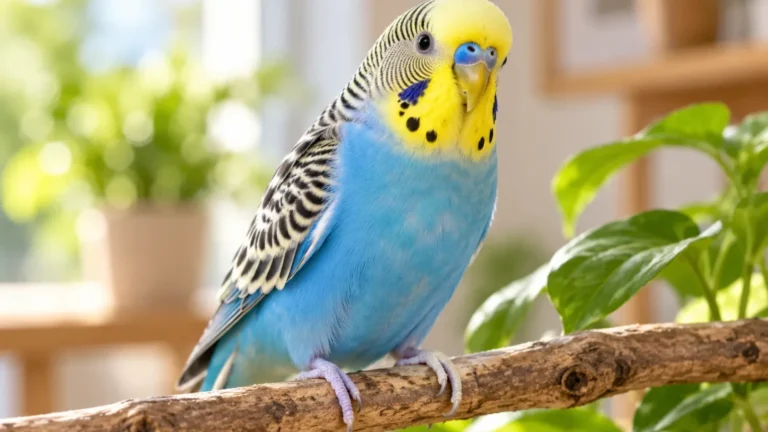 Healthy budgie beside fresh vegetables and balanced bird food