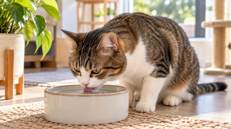 Healthy domestic cat drinking water from a clean bowl