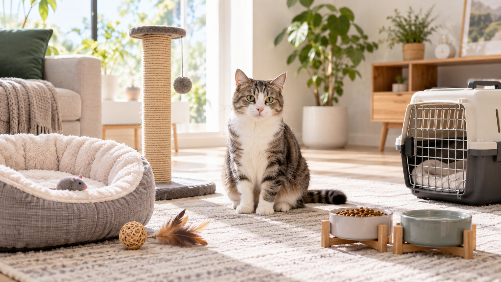 Cat beside essential supplies for a new home