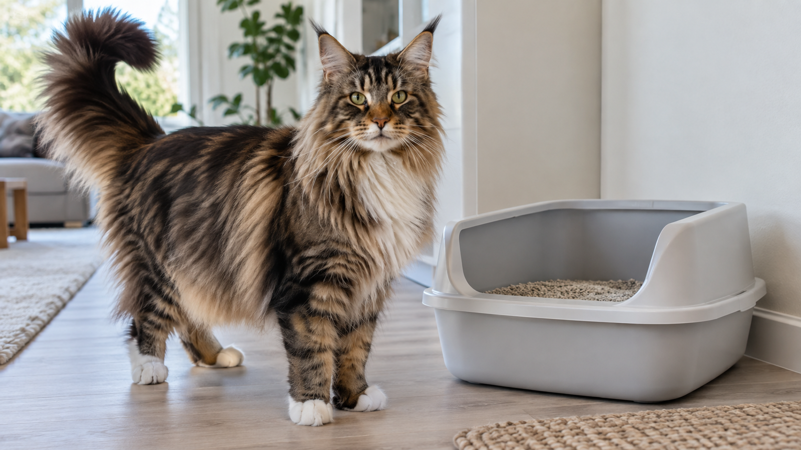 Domestic cat beside a clean litter box in a bright home