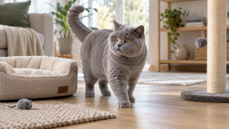 Newly adopted cat exploring a calm and comfortable home
