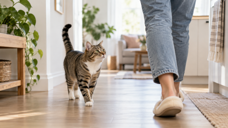 Domestic cat following its owner through a bright home