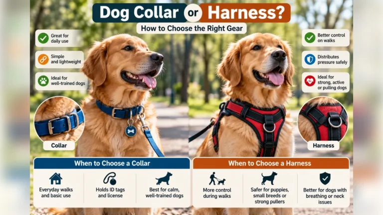 Two golden retrievers comparing a flat collar and a harness, with tips on when to choose each