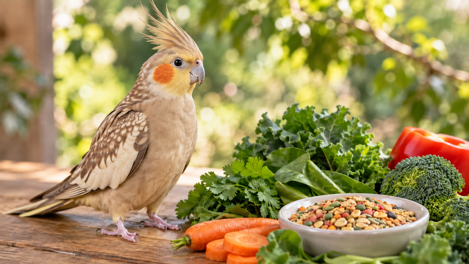 Healthy cockatiel beside fresh vegetables and balanced bird food