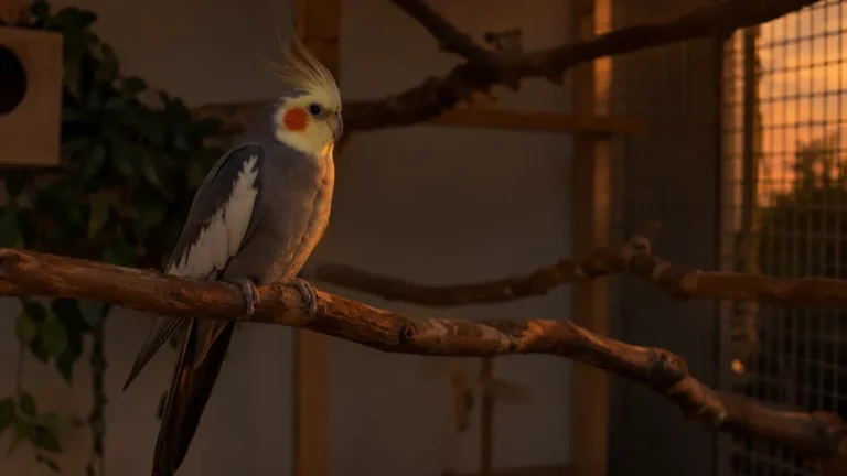 Grey and white cockatiel resting on a branch inside a large aviary cage