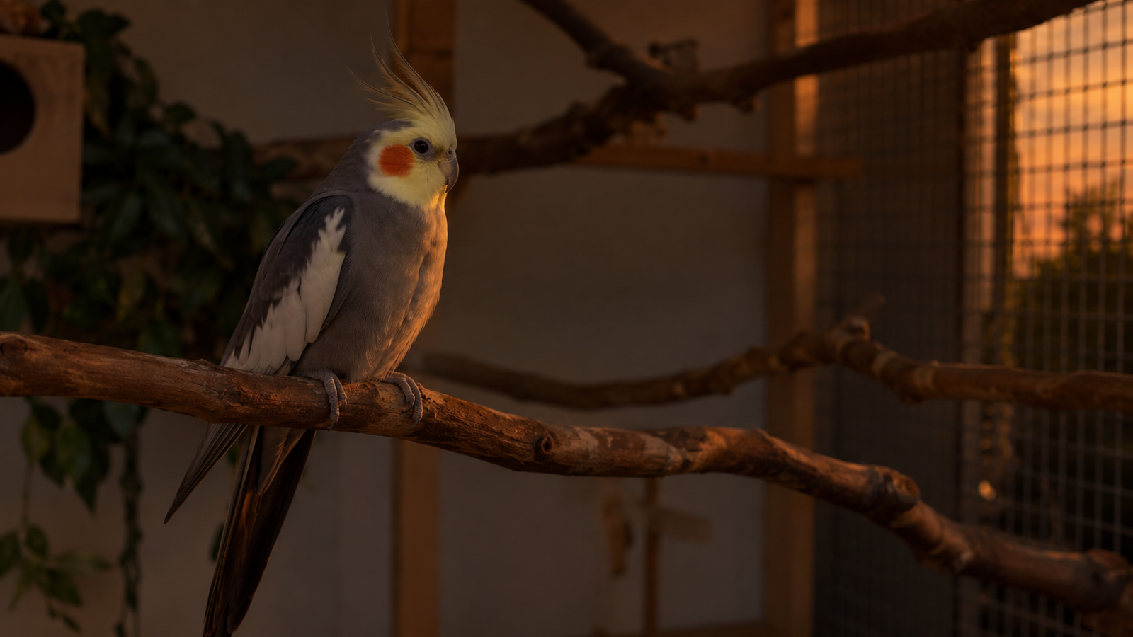 Grey and white cockatiel resting on a branch inside a large aviary cage
