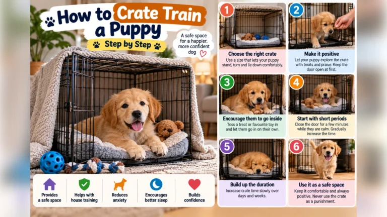 Golden retriever puppy relaxing in a wire crate with a soft bed, with six steps for crate training