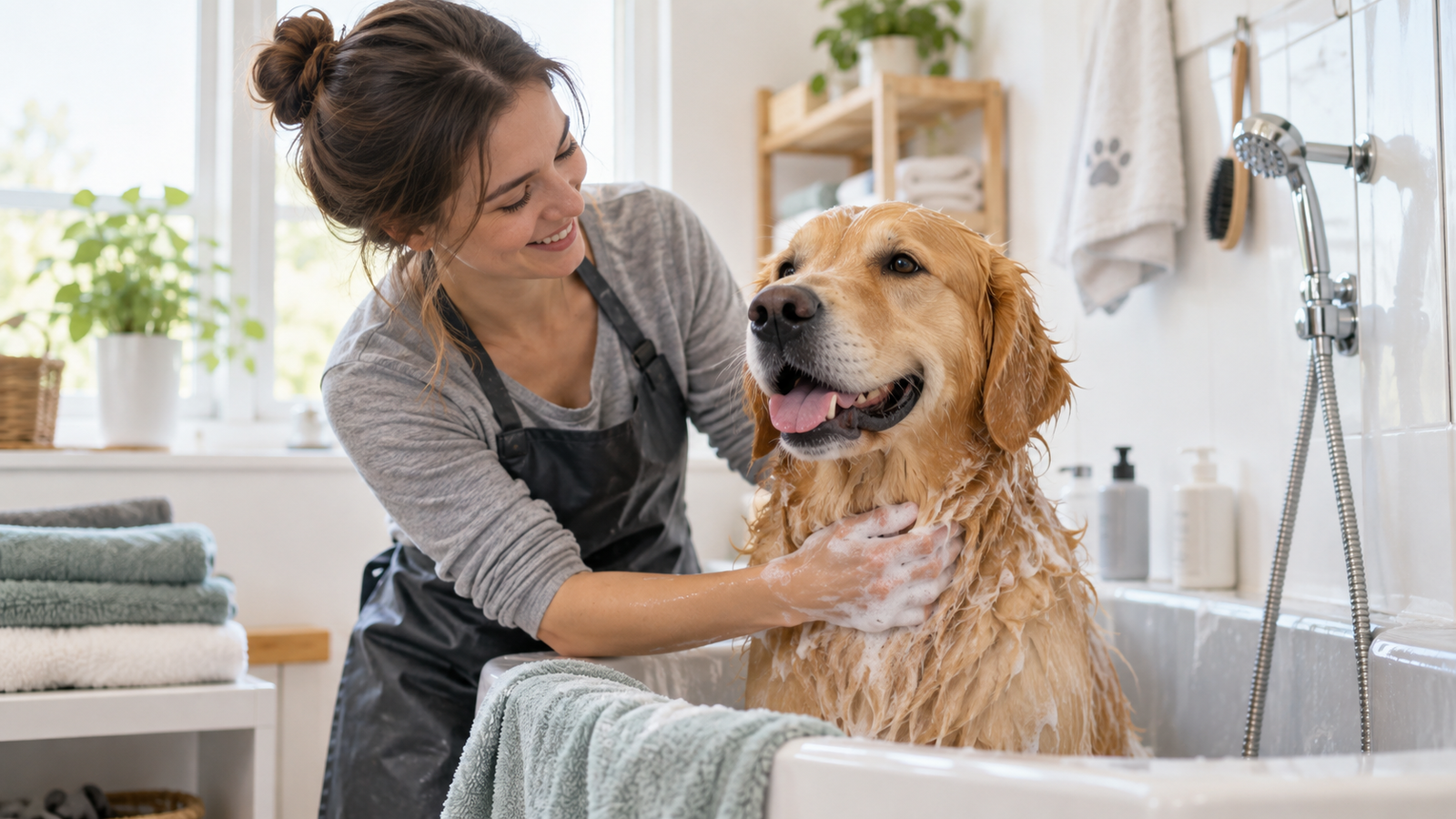 Golden Retriever being gently bathed at home