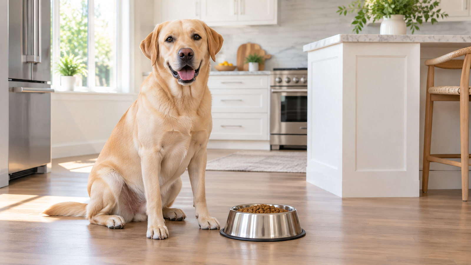 Healthy Labrador Retriever beside a dog food bowl at home