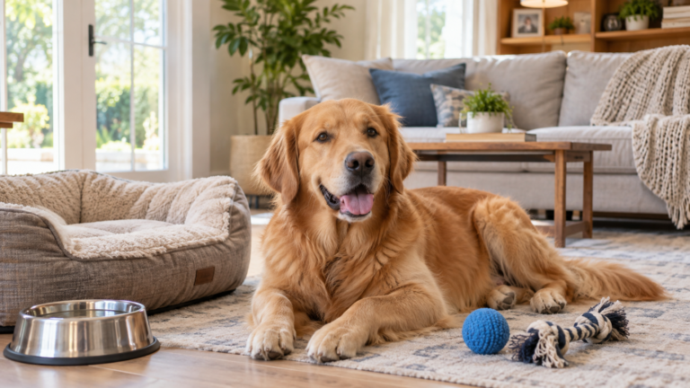 Adult dog resting comfortably alone at home
