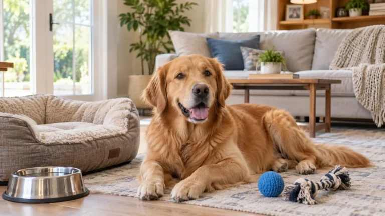 Adult dog resting comfortably alone at home