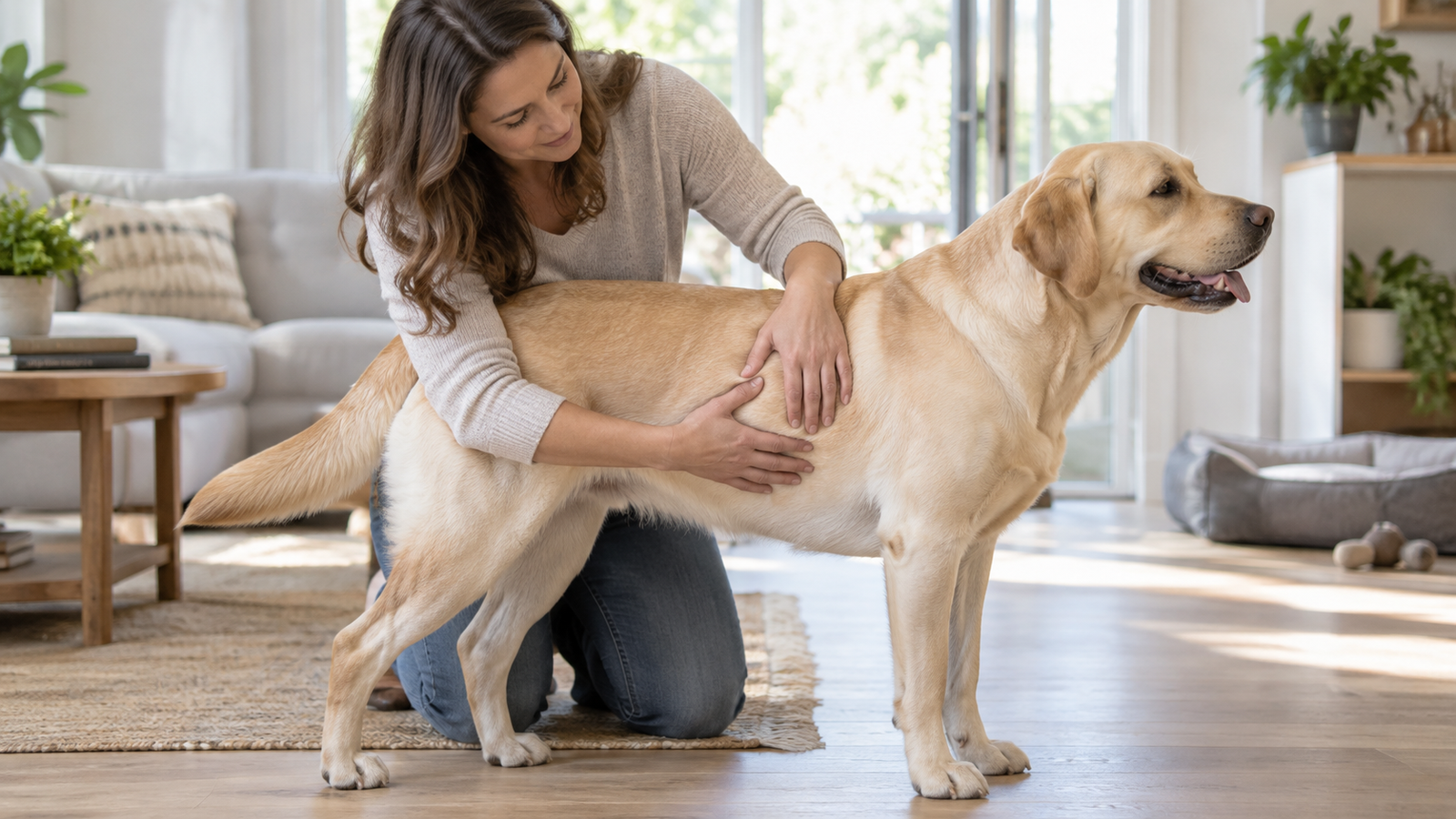 Owner checking the body condition of a healthy Labrador Retriever