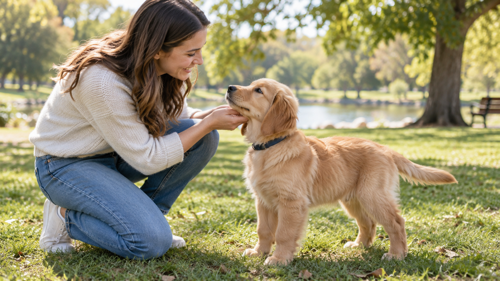 puppy calmly socializing with a person outdoors