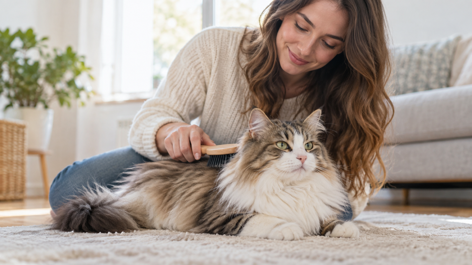 Long-haired cat being gently brushed at home