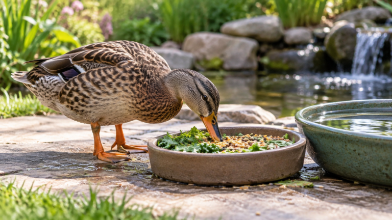 Domestic duck eating balanced feed and fresh greens