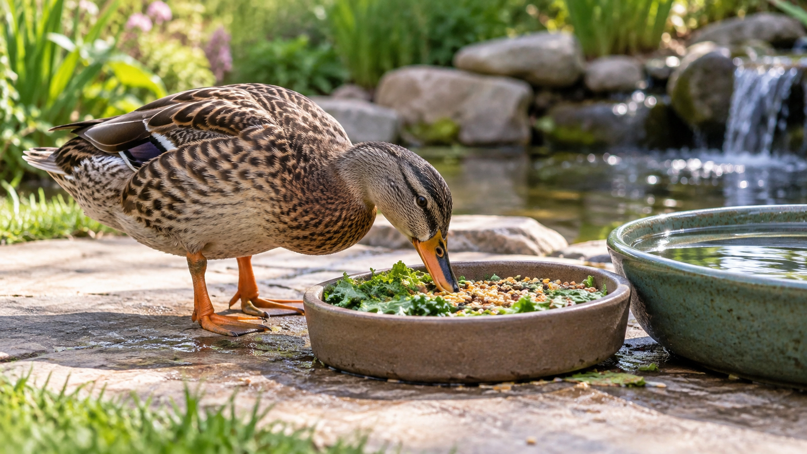 Domestic duck eating balanced feed and fresh greens