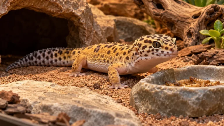 Leopard gecko resting near a feeding dish in a terrarium