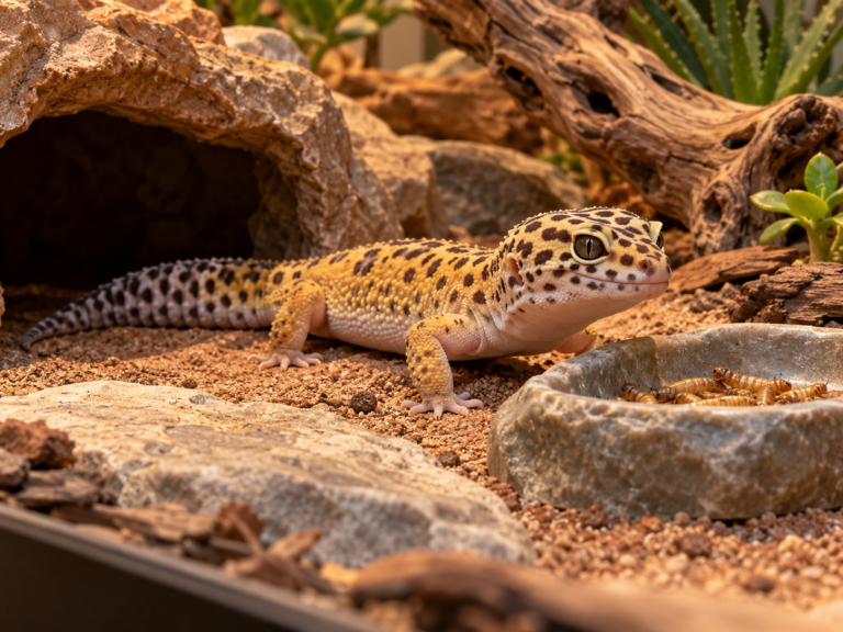 Leopard gecko resting near a feeding dish in a terrarium