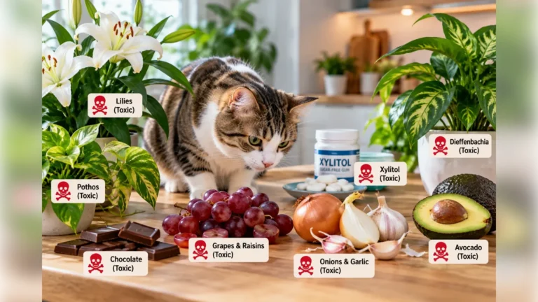 Cat on a kitchen counter near lilies, chocolate, grapes, onions and garlic labeled as toxic to cats