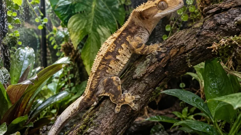 Crested gecko climbing on a branch inside a planted terrarium