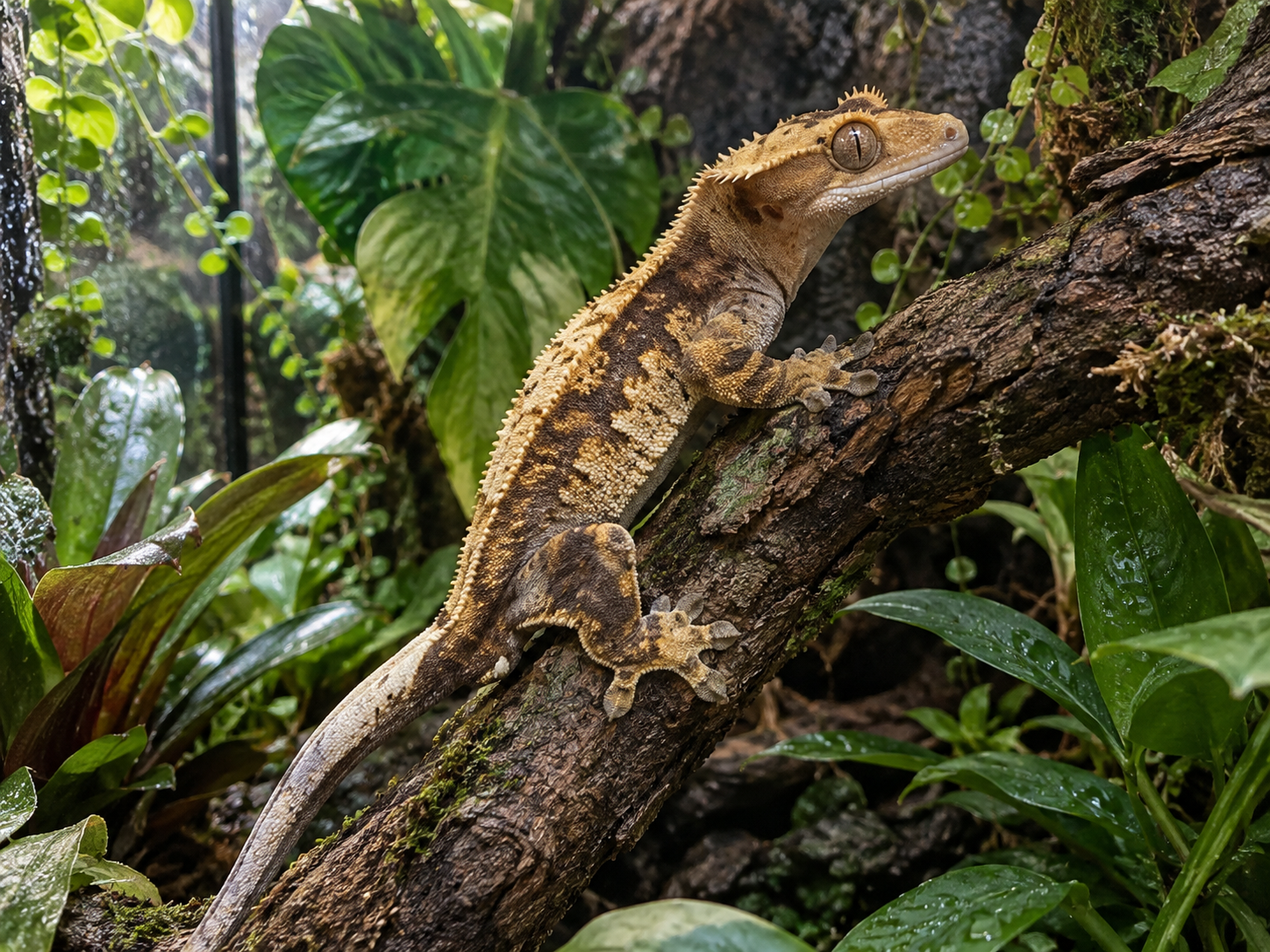 Crested gecko climbing on a branch inside a planted terrarium